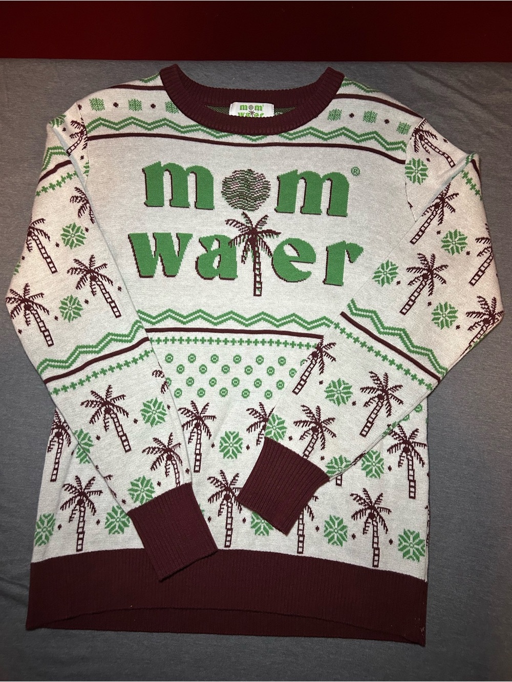 Mom Water “Ugly Sweater” Crewneck Holiday Sweater in Green & Burgundy